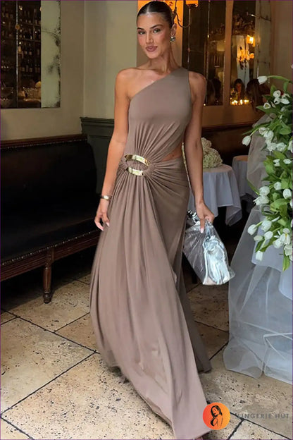 Cut-out one Shoulder Maxi Dress with Ring Detail for Cutout, Date Night, Evening Wear, Formal Glamour