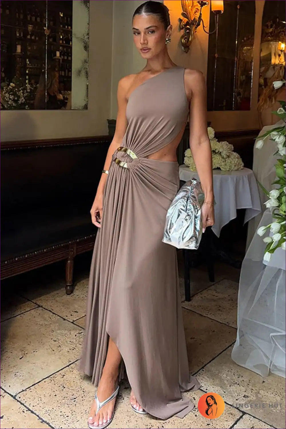 Cut-out one Shoulder Maxi Dress with Ring Detail for Cutout, Date Night, Evening Wear, Formal Glamour