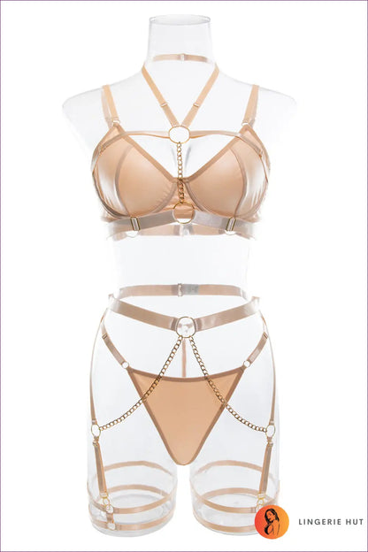 Cutout Bra Set with Metal Accents - Bold but Wearable - s / Apricot - Date Night • Everyday • Garter - Lingerie Hut