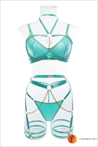 Cutout Bra Set with Metal Accents - Bold but Wearable - s / Light Green - Date Night • Everyday • Garter - Lingerie Hut