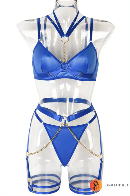 Cutout Bra Set with Metal Accents - Bold but Wearable - s / Blue - Date Night • Everyday • Garter - Lingerie Hut