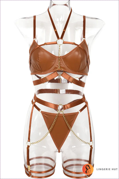 Cutout Bra Set with Metal Accents - Bold but Wearable - s / Coffee - Date Night • Everyday • Garter - Lingerie Hut