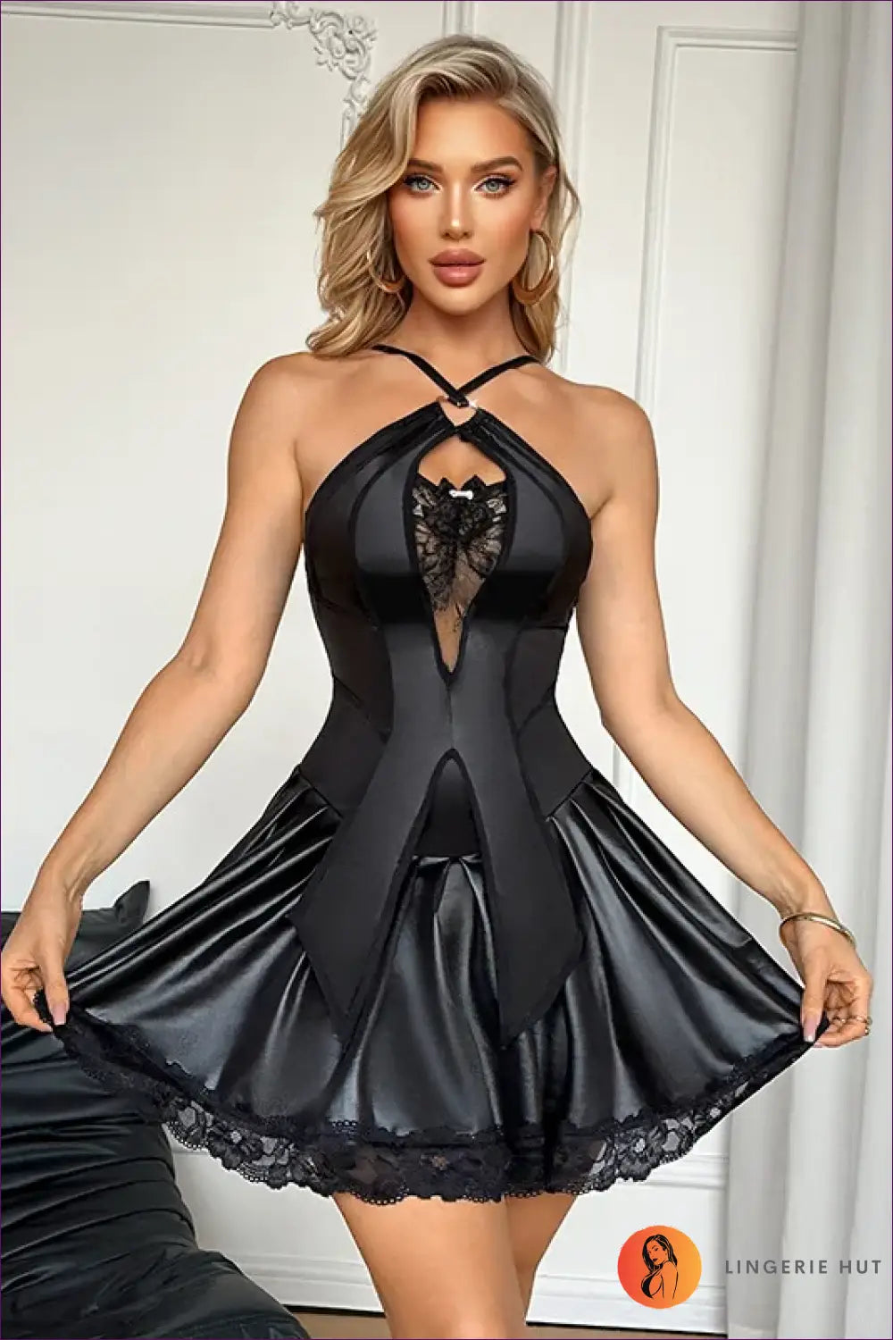 Cutout Halter Dress with Flared Lace Hem - Night out Ready - just in • Lingerie - Hut