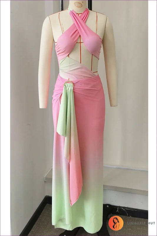 Cutout Halter Monokini with Maxi Wrap Skirt - Ombre Escape - s / Two Piece Set - Swimwear - Beachwear • just in • Party