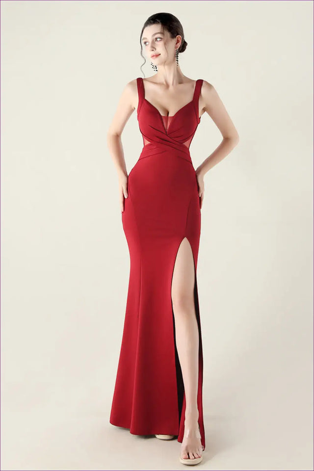 Cutout Mesh Maxi Dress with Deep V Neck - Evening Glamour