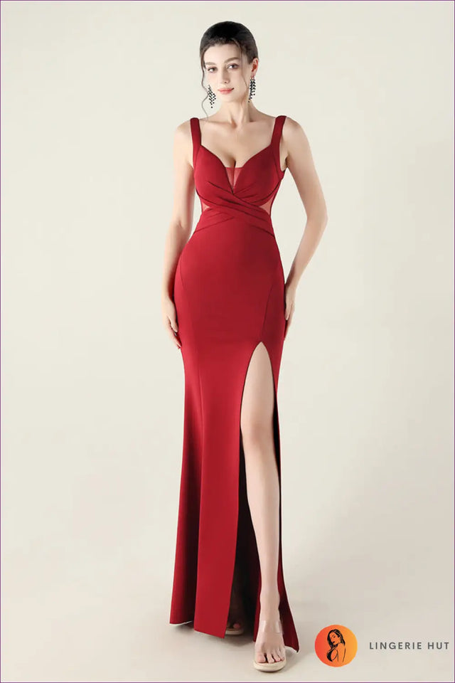 Cutout Mesh Maxi Dress with Deep V Neck - Evening Glamour