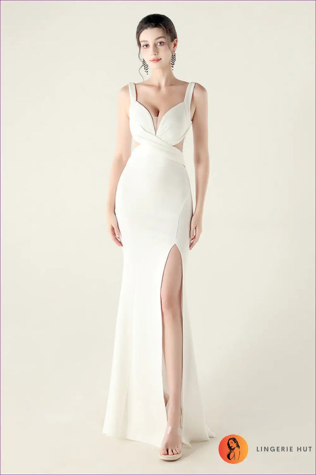 Cutout Mesh Maxi Dress with Deep V Neck - Evening Glamour