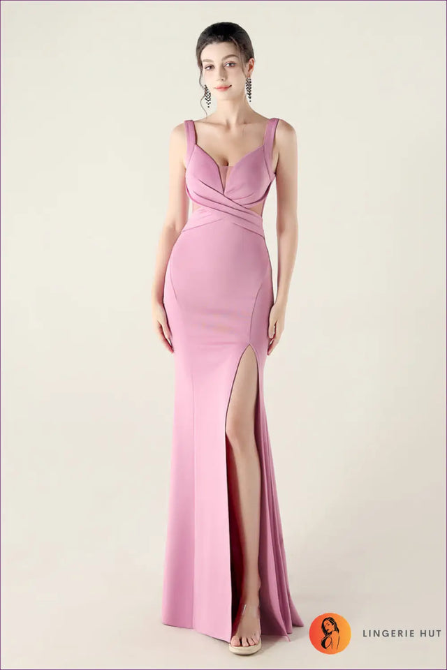 Cutout Mesh Maxi Dress with Deep V Neck - Evening Glamour