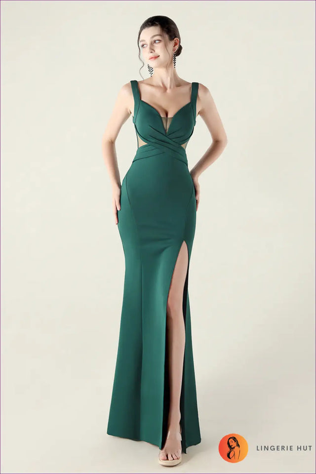 Cutout Mesh Maxi Dress with Deep V Neck - Evening Glamour