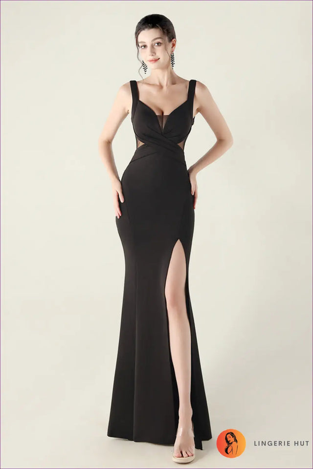 Cutout Mesh Maxi Dress with Deep V Neck - Evening Glamour