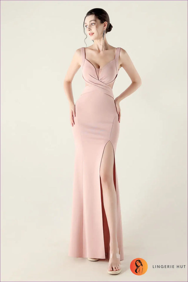 Cutout Mesh Maxi Dress with Deep V Neck - Evening Glamour