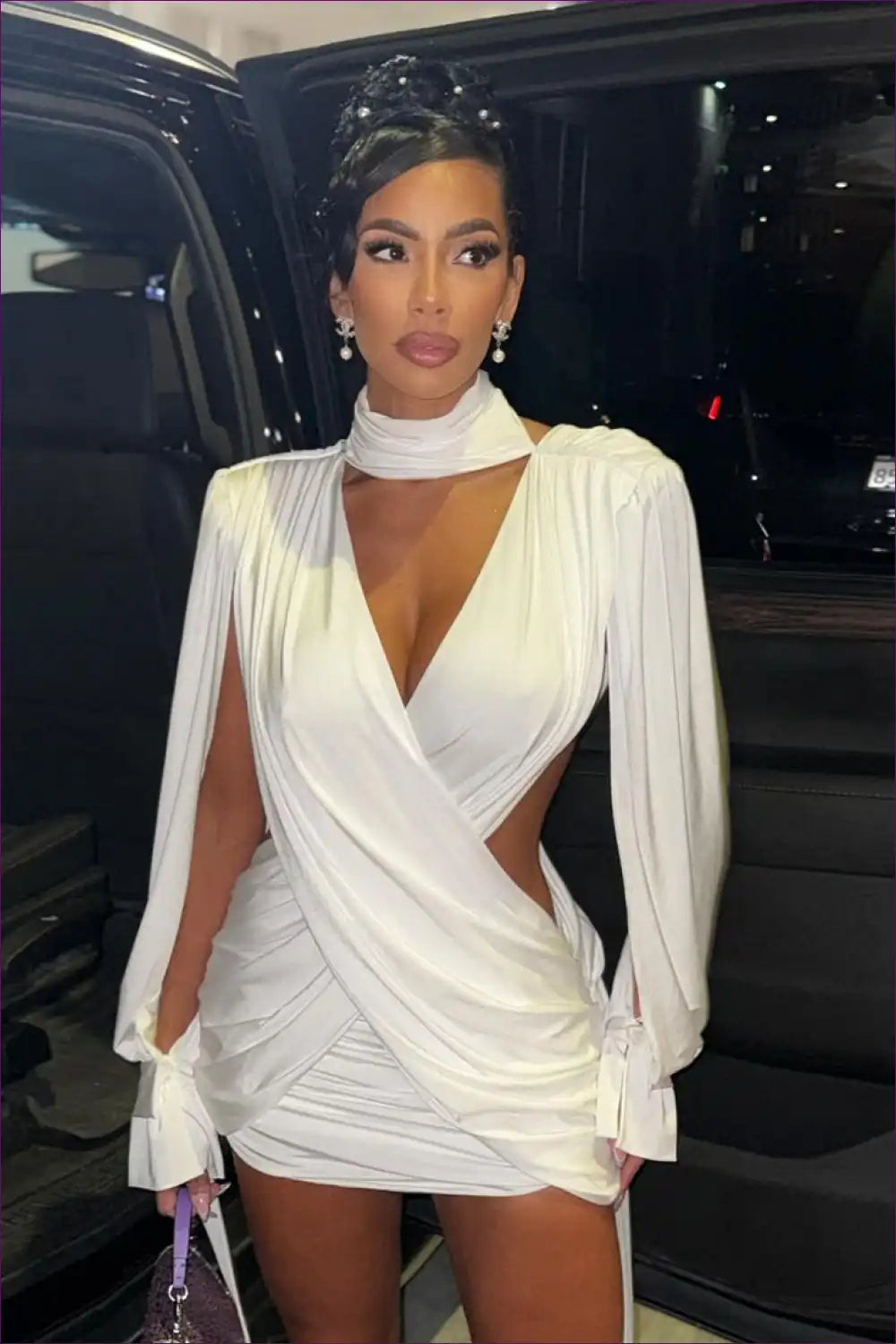 Cutout Mini Dress - Deep v Long Sleeve Bodycon for Autumn, Bodycon, Clubwear, Cutout, Evening Wear