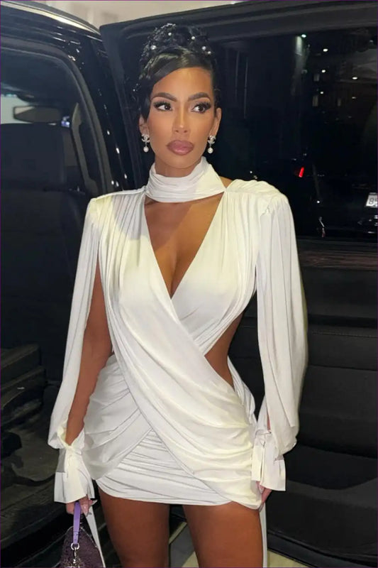 Cutout Mini Dress - Deep v Long Sleeve Bodycon for Autumn, Bodycon, Clubwear, Cutout, Evening Wear