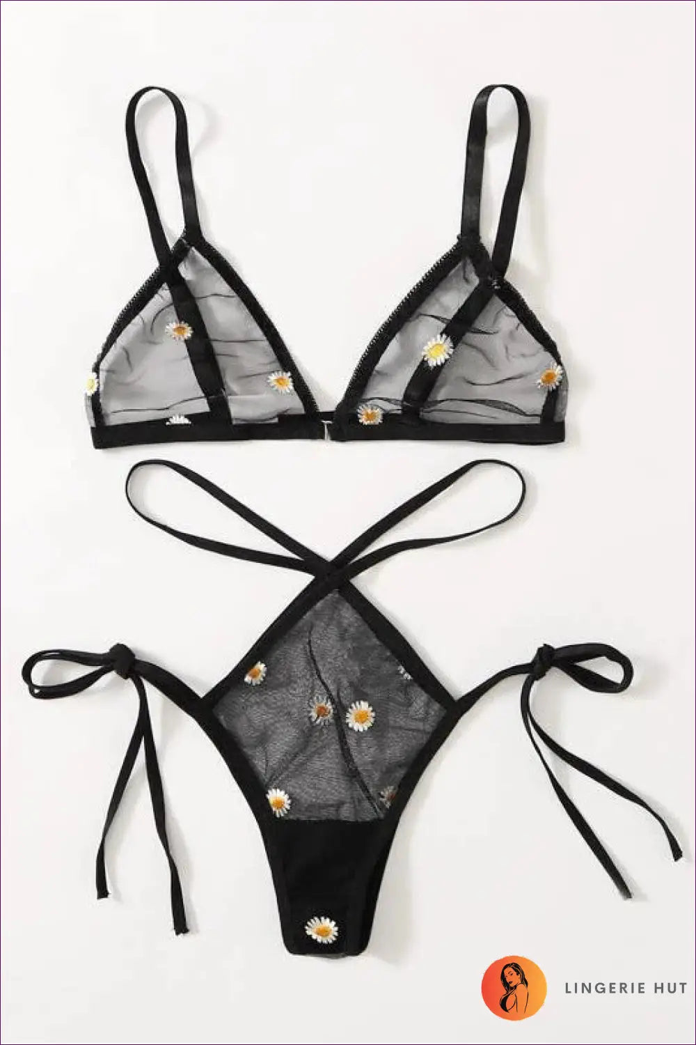 Daisy Embroidered Bra Set - the Honeymoon Edit - s / Black - Lingerie - Hut - All Season • Boudoir • Cutout • Date Night