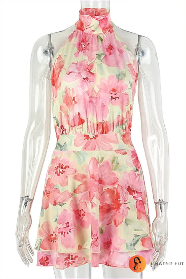 Dark Brown Floral Mini Swing Dress - Tie Straps