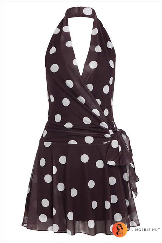 Dark Brown Polka Dot Wrap Mini Dress - Halter & Backless - s / Boho • Elegant • Everyday - Lingsharp