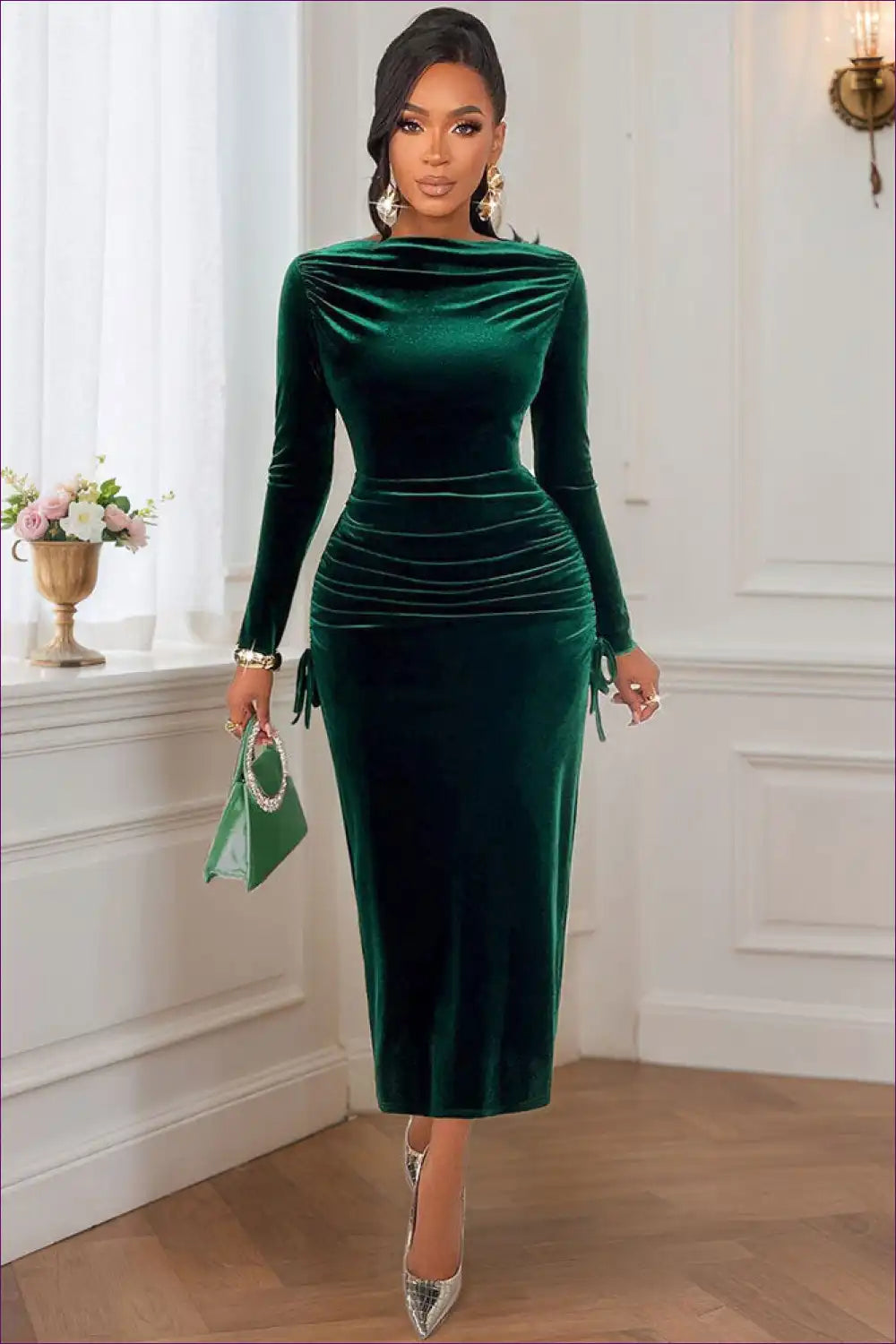 Dark Green Velvet Maxi Dress with Side Ruching for Bodycon, Date Night, Evening Wear, Formal Maxi