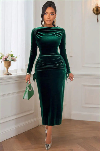 Dark Green Velvet Maxi Dress with Side Ruching for Bodycon, Date Night, Evening Wear, Formal Maxi