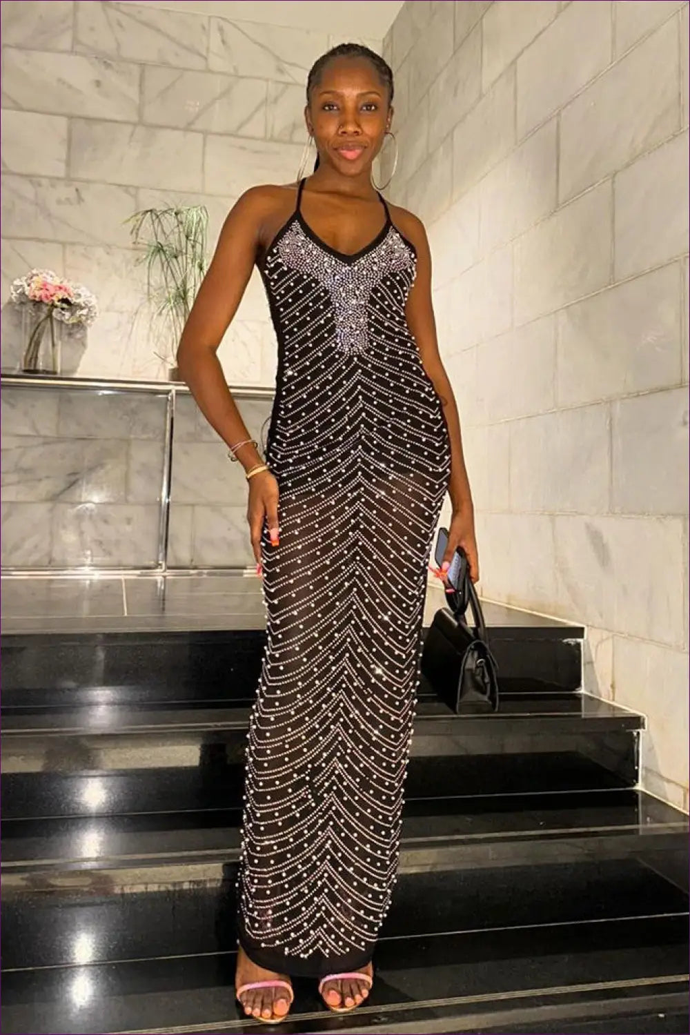 Dazzling Black & Silver Beaded Halter Maxi Dress - Red Carpet Glamour for Bodycon, Dress, Glamour, Maxi, n