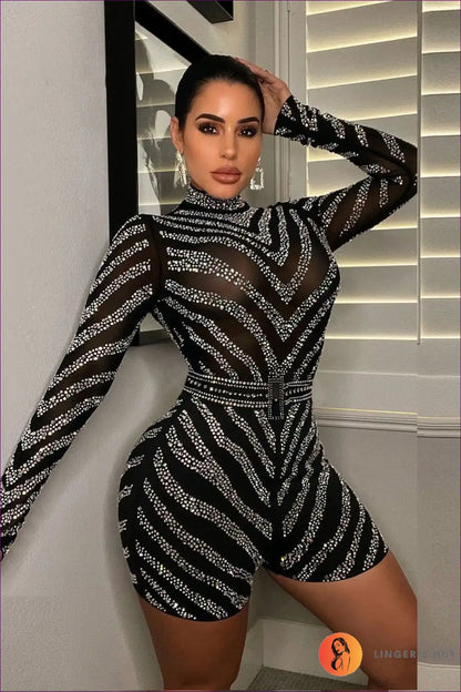 Shine Bright In Our Dazzling Rhinestone-embellished Slim Fit Jumpsuit. Designed To Turn Heads And Boost Your