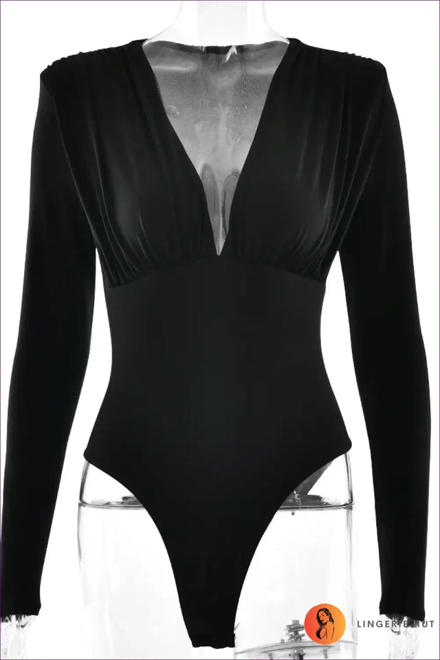 Deep V Bodysuit with Ruched Shoulders - Effortless Evening Edge