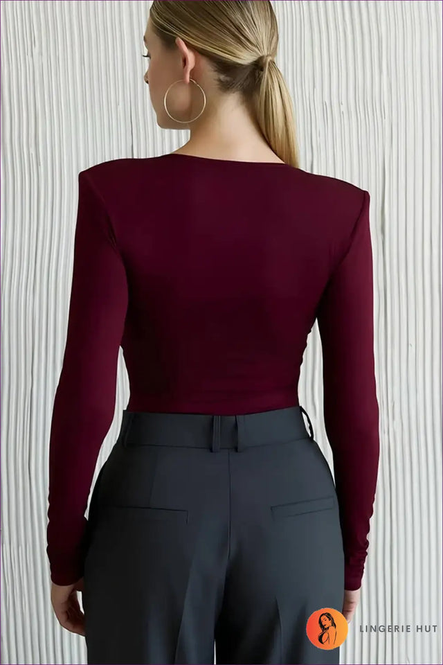 Deep V Bodysuit with Ruched Shoulders - Effortless Evening Edge