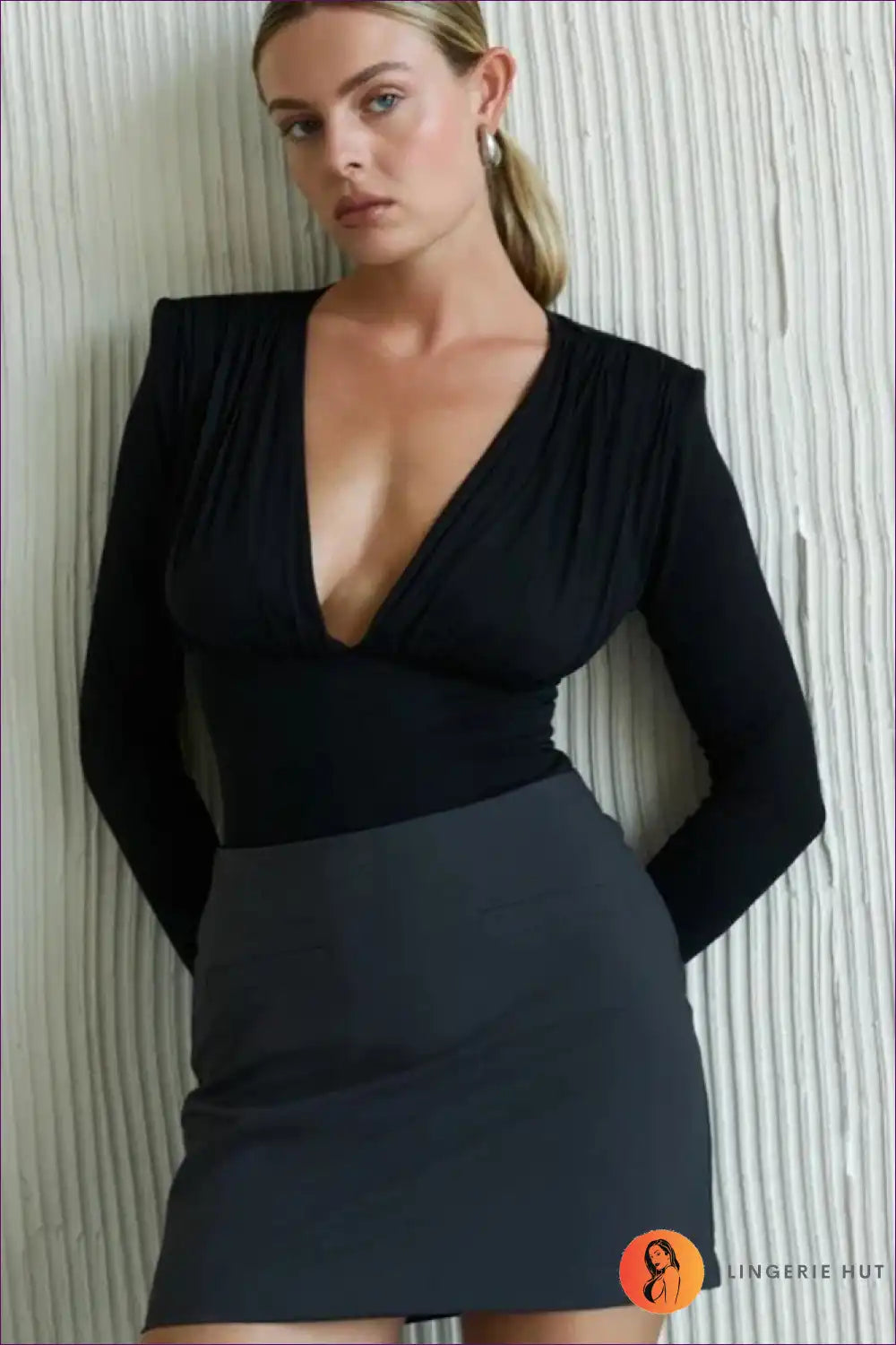 Deep v Bodysuit with Ruched Shoulders - Effortless Evening Edge for Bodycon, Bodysuit, Clubwear, Cutout, Date