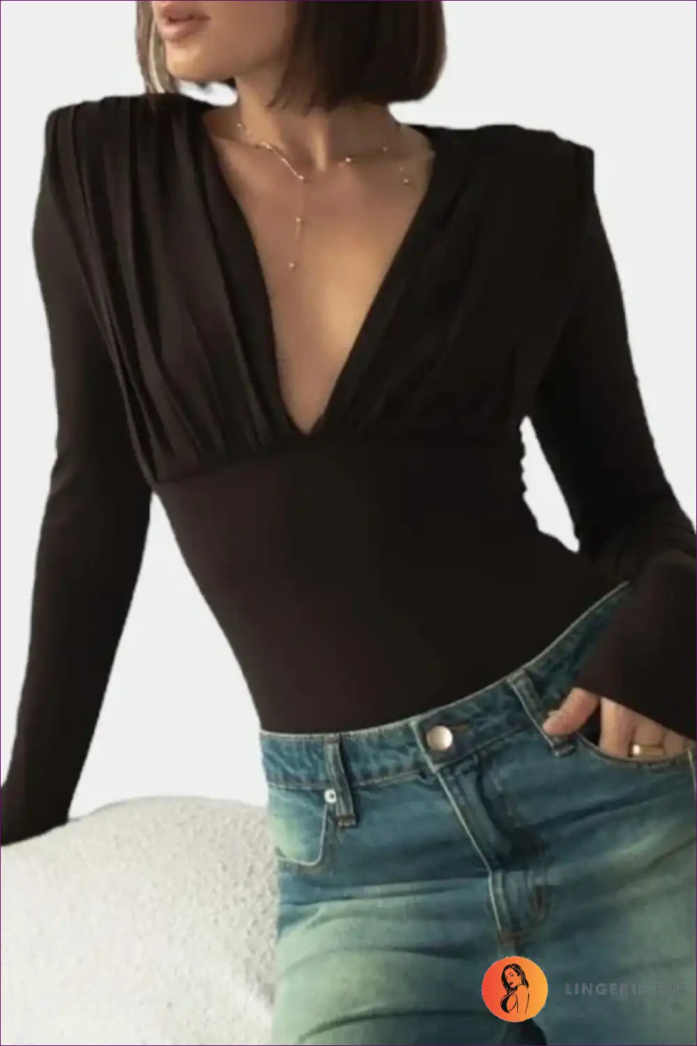 Deep v Bodysuit with Ruched Shoulders - Effortless Evening Edge for Bodycon, Bodysuit, Clubwear, Cutout, Date