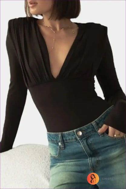 Deep v Bodysuit with Ruched Shoulders - Effortless Evening Edge for Bodycon, Bodysuit, Clubwear, Cutout, Date