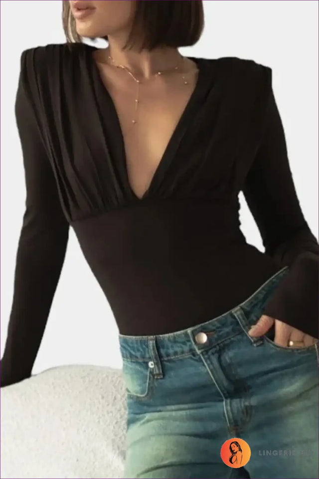 Deep V Bodysuit with Ruched Shoulders - Effortless Evening Edge