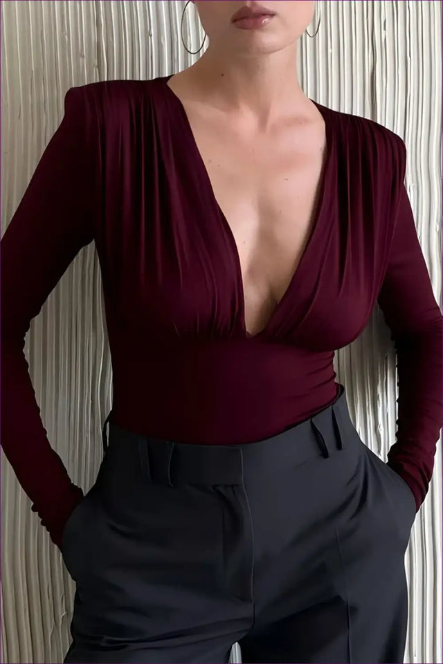 Deep V Bodysuit with Ruched Shoulders - Effortless Evening Edge