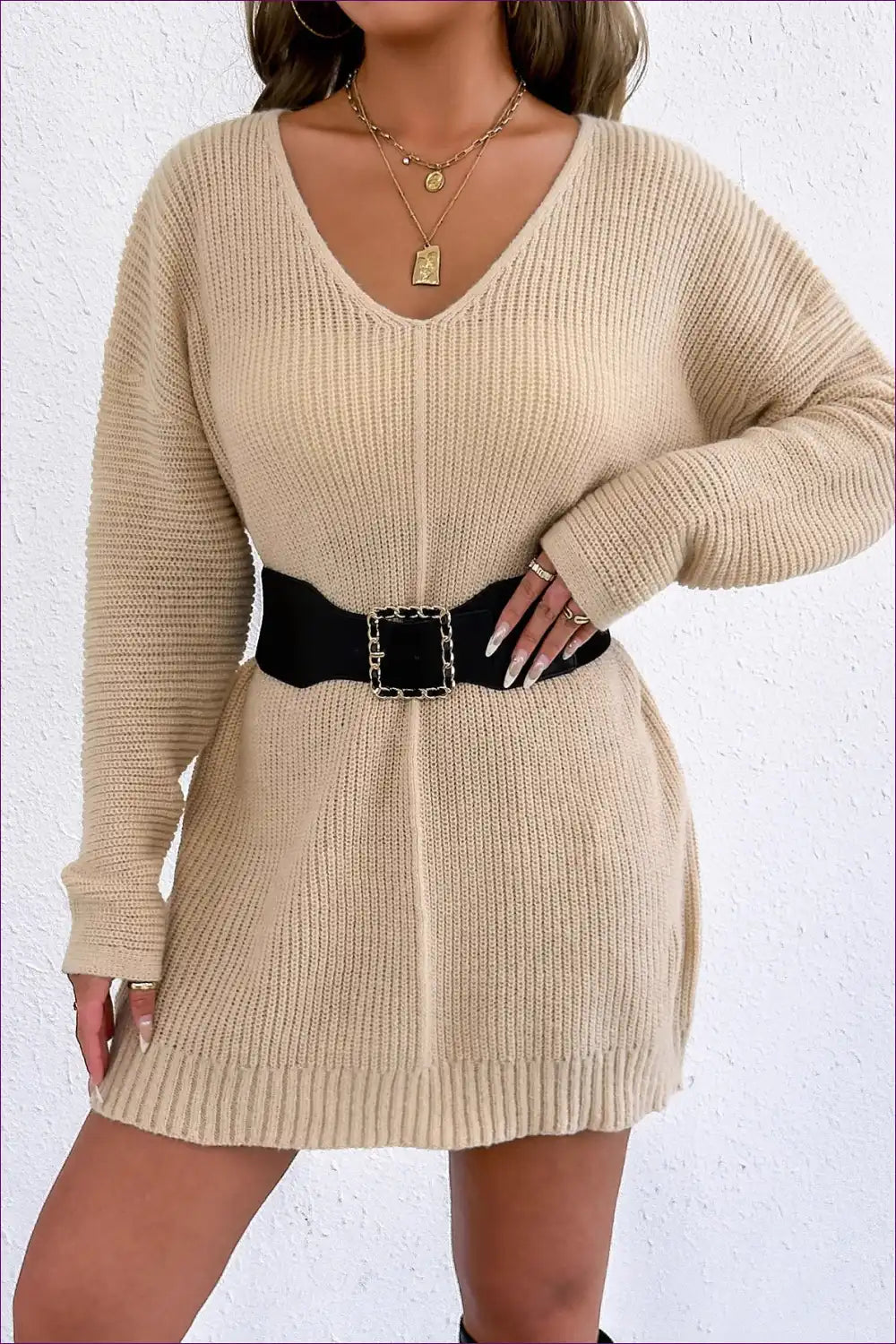 Deep V-neck Knit Sweater Dress - Effortless Everyday Chic for Autumn, Casual, Everyday, just In, Mini