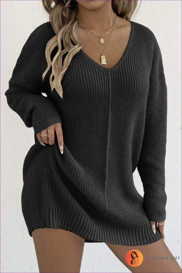 Deep V-Neck Knit Sweater Dress - Effortless Everyday Chic