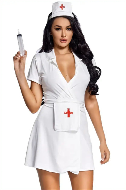 Deep V-neck Nurse Dress Set with Matching Headgear for Casual, Costume, Cutout, just In, Mini