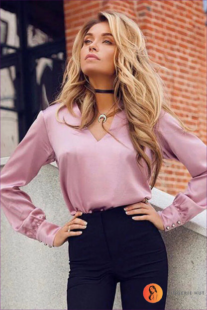 Elevate Your Elegance With Lingerie Hut’s Deep v Plunge Neck Long Sleeve Satin Blouse. Command Attention
