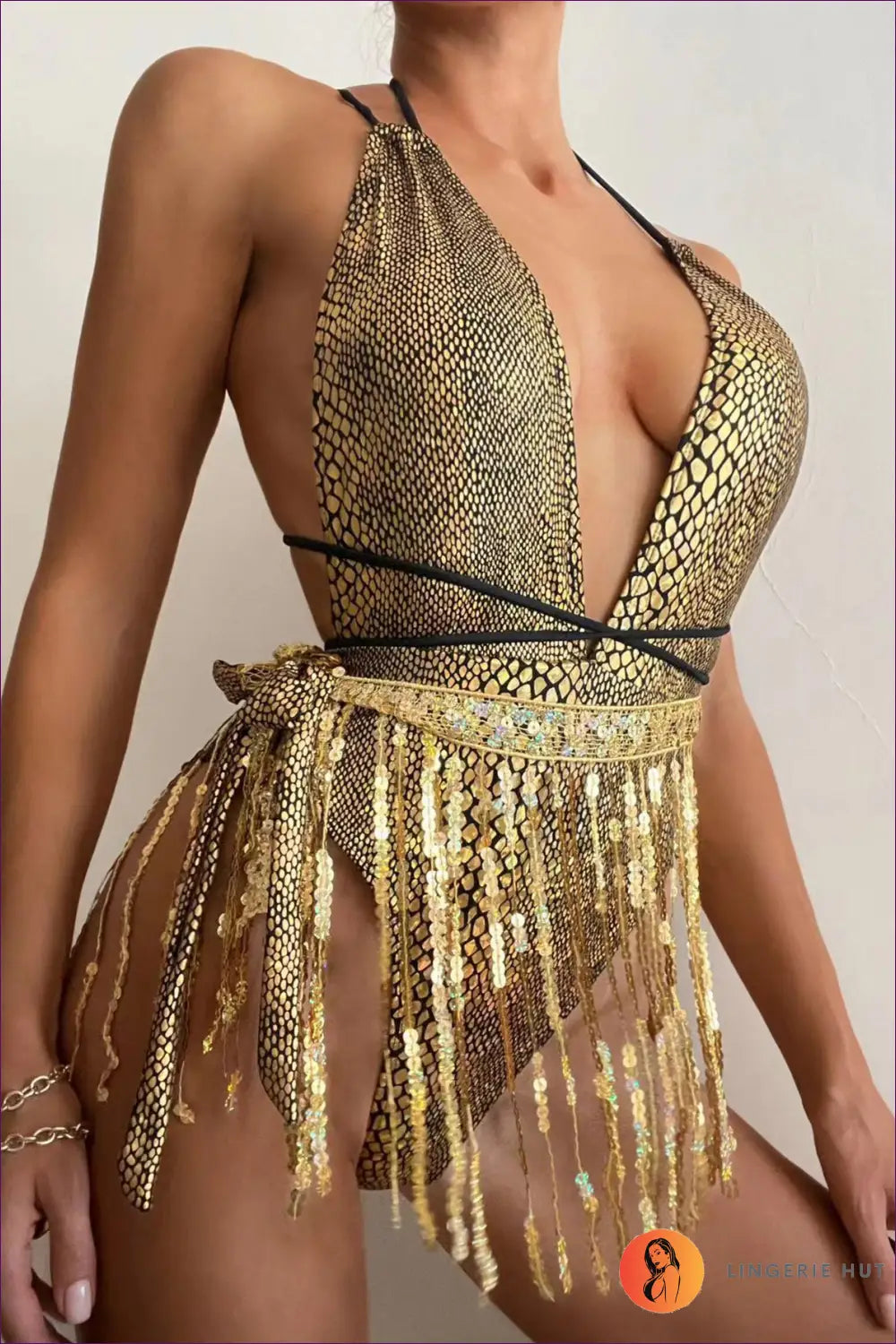 Deep V-plunge Swimsuit - Summer Evenings Sorted - s / Gold - Swimwear - Lingerie Hut - Backless • Beachwear • Boho
