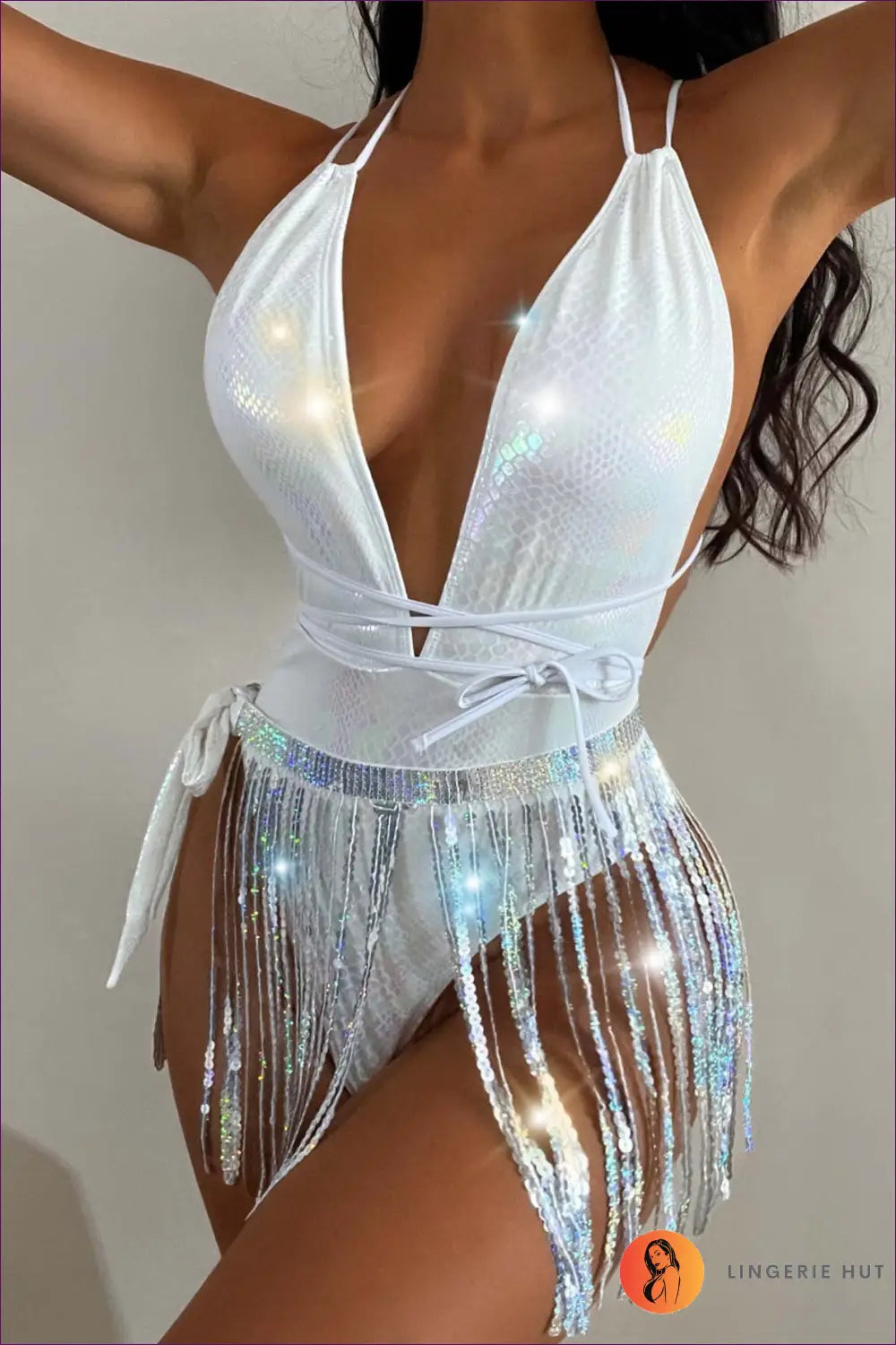 Deep V-plunge Swimsuit - Summer Evenings Sorted - s / White - Swimwear - Lingerie Hut - Backless • Beachwear • Boho