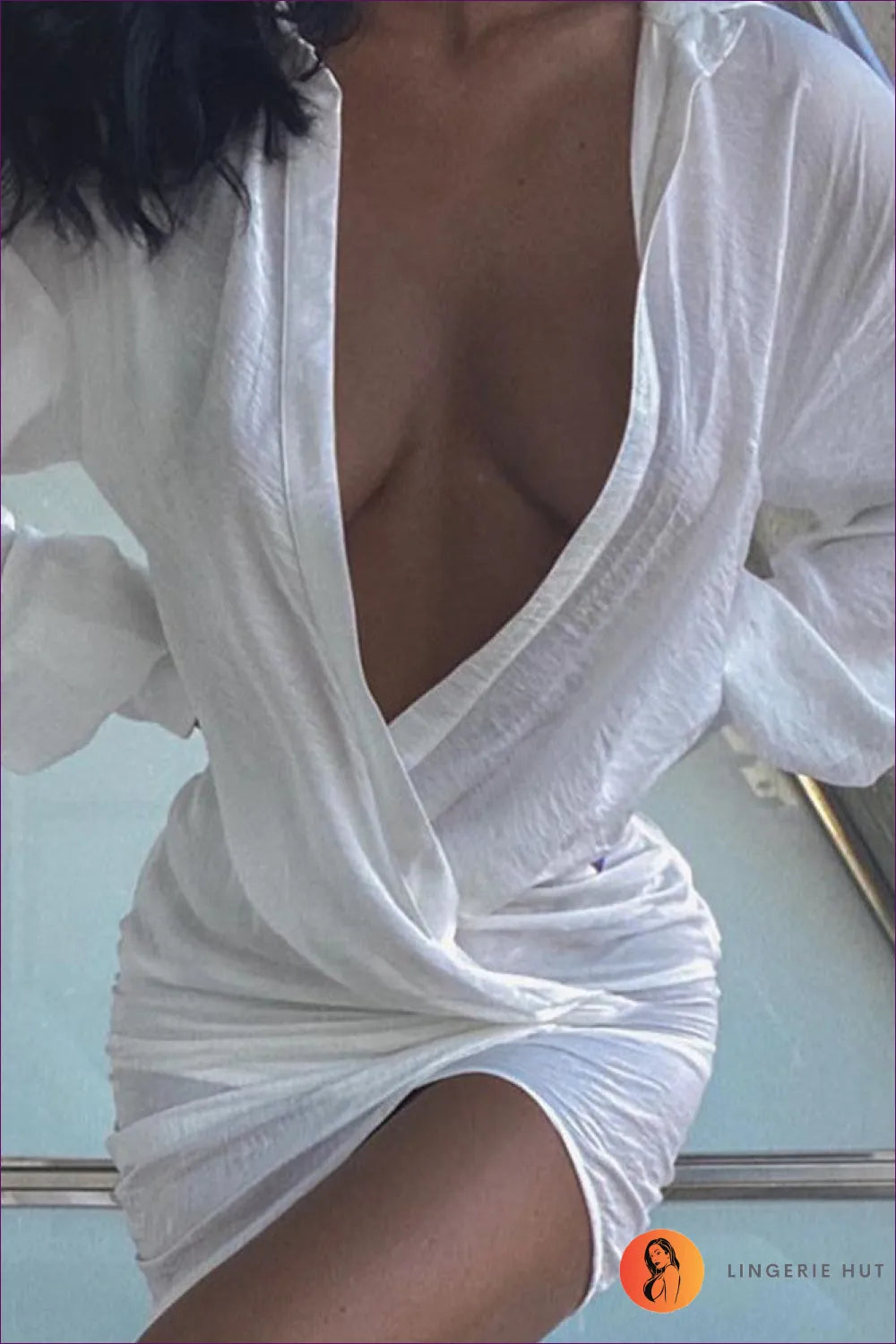 Deep v Plunge White Shirt Dress - Sexy Elegance