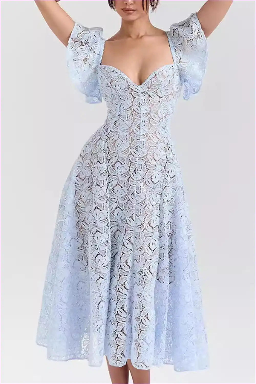 Delicate Blue Lace Midi Dress ?? Romantic Elegance for Bridal, Cotton, Date Night, Dress, Glamour