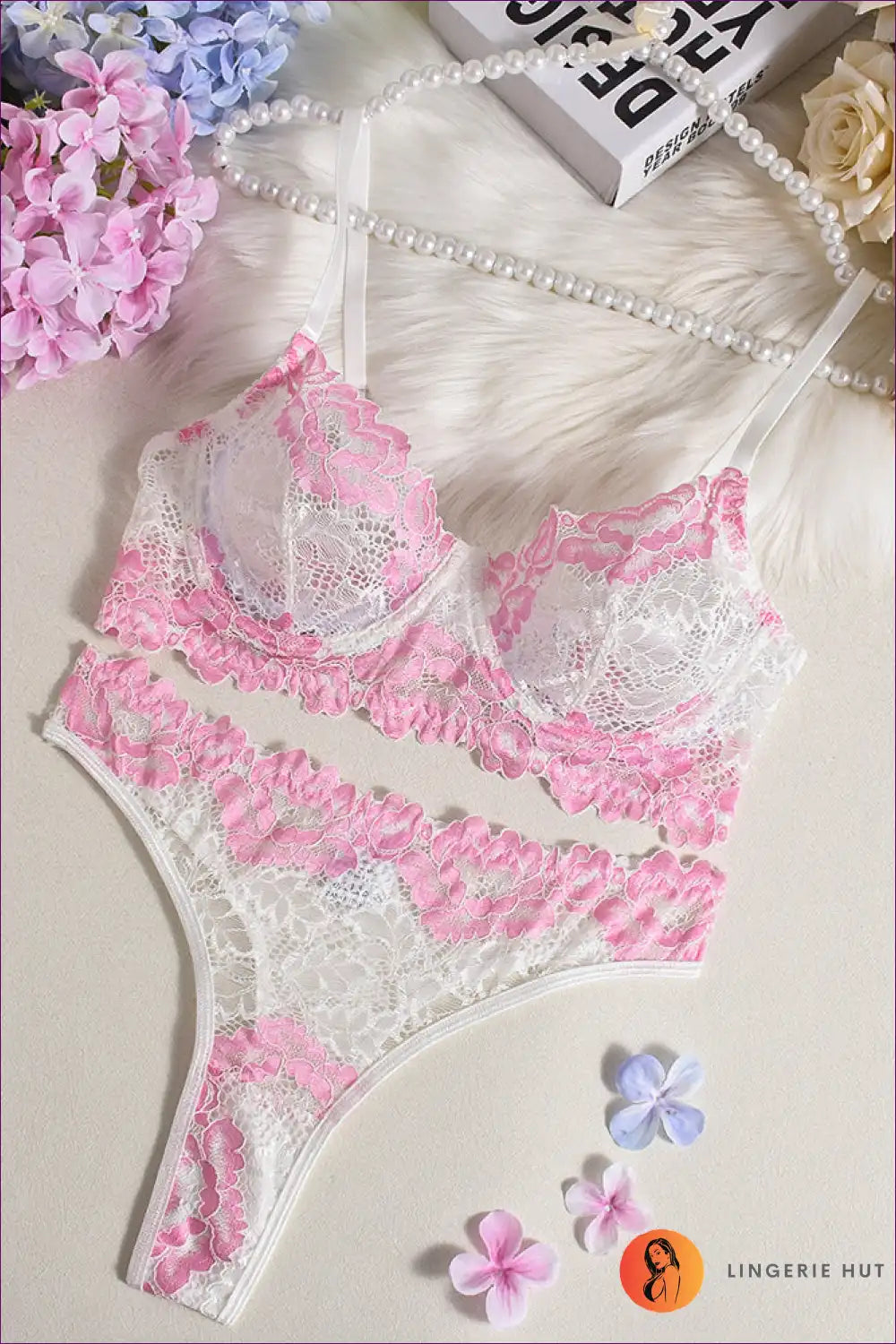 Delicate Pink & White Lace Lingerie Set – Feminine Flirty for Boudoir, Bra Set, Floral, Lace,