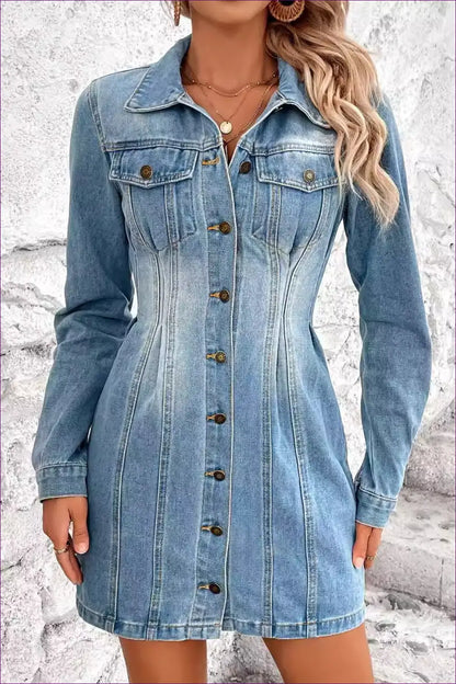 Denim Button-up Mini Dress - Effortless Everyday Style - Dresses - Lingerie Hut - A-line • All Season • Casual • Date