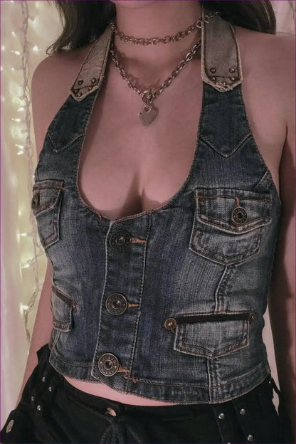 Denim Halter Vest Top with Button Detail - Retro Night out for Casual, Crop, Denim, Halter,
