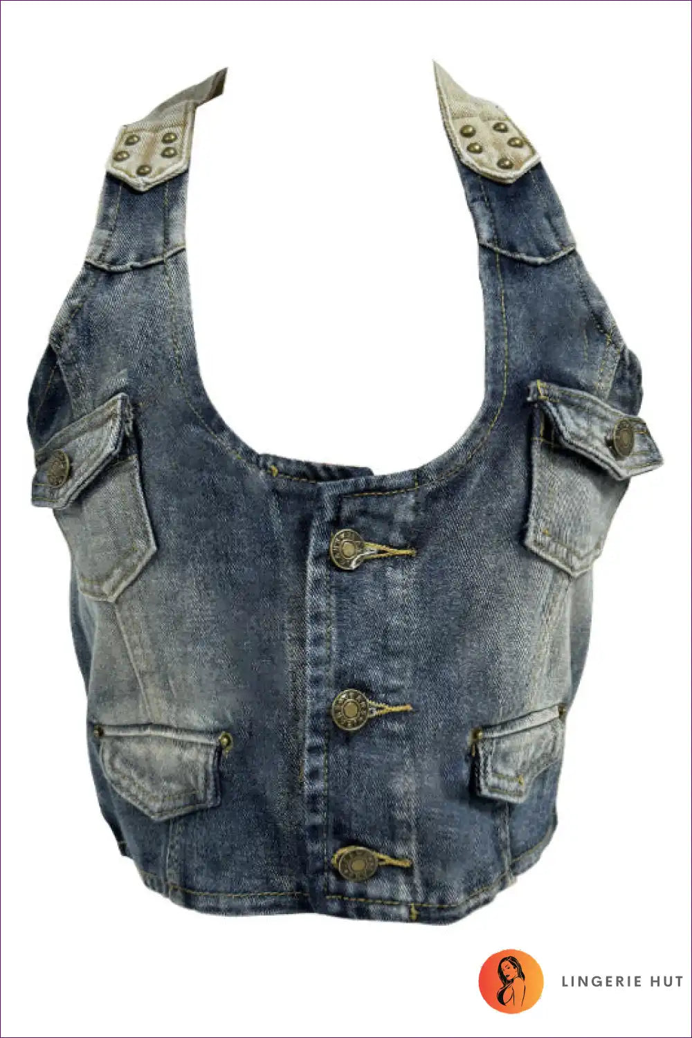 Denim Halter Vest Top with Button Detail - Retro Night out for Casual, Crop, Denim, Halter,