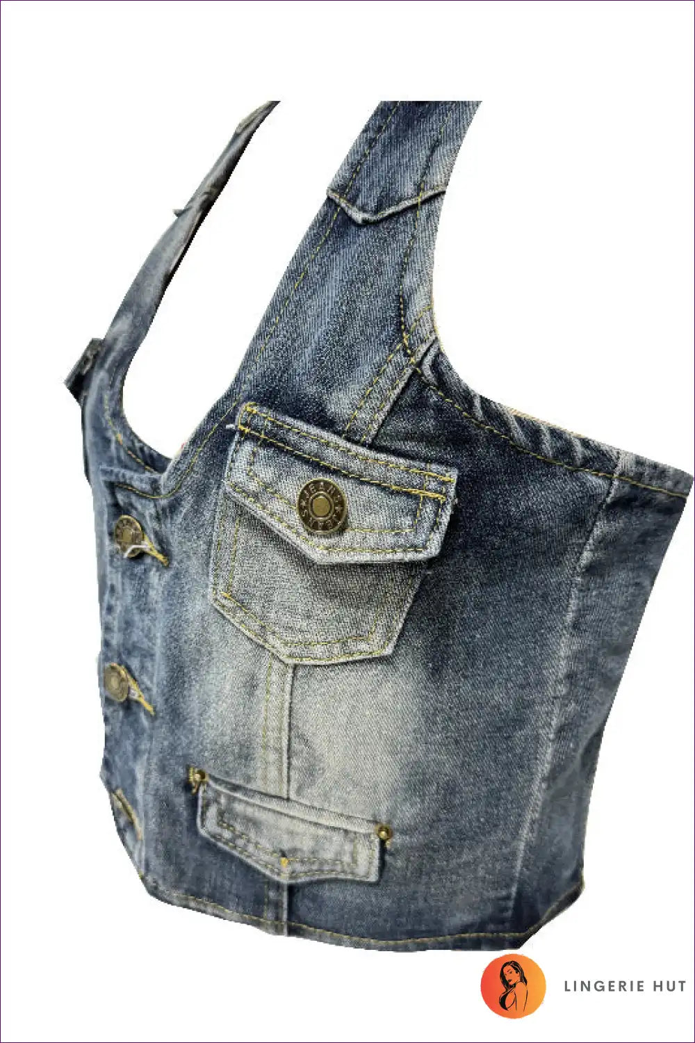 Denim Halter Vest Top with Button Detail - Retro Night out for Casual, Crop, Denim, Halter,