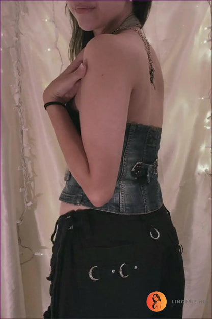 Denim Halter Vest Top with Button Detail - Retro Night out for Casual, Crop, Denim, Halter,