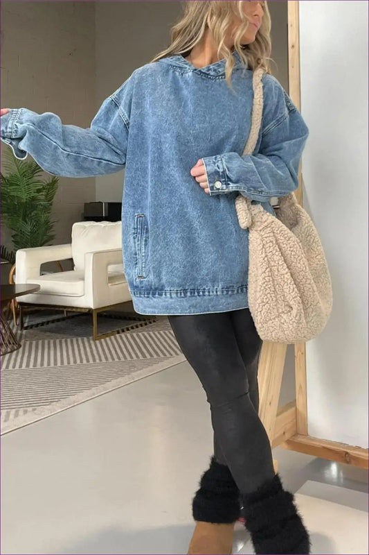 Denim Hoodie with Pockets - Effortless Everyday Cool - Clothing - Lingerie Hut - All Season • Autumn • Casual • Cotton