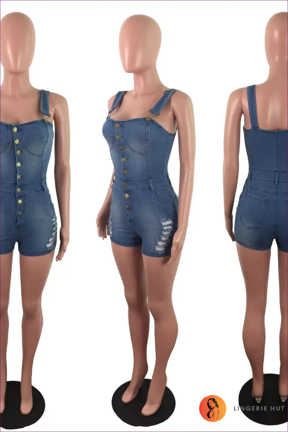 Denim Jumpsuit with Button Front and Ripped Detail - Confident Cool for Casual, Cutout, Denim, Everyday,