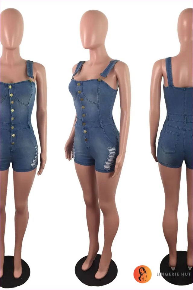 Denim Playsuit with Button Front and Ripped Detail
