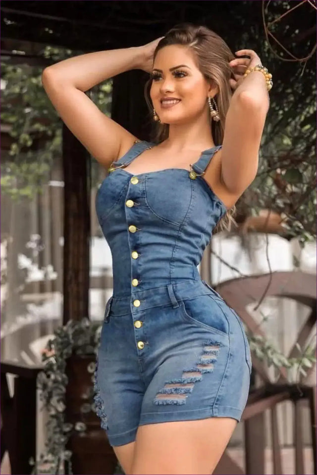 Denim Playsuit with Button Front and Ripped Detail