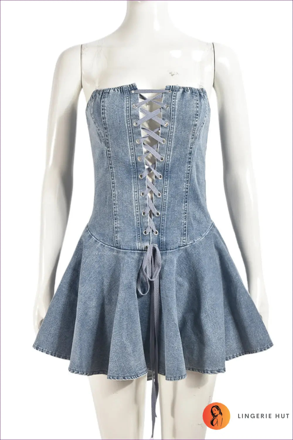 Denim Lace-up Mini Dress - Worth a Second Look - s / Blue - Dresses - Lingerie Hut - A-line • Casual • Cutout • Date